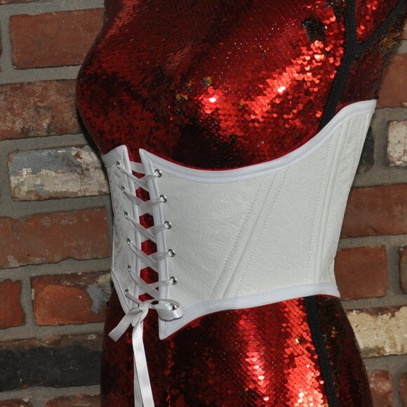 Back & Front Lace-up Corset (Belt) White Faux Leather Floral W/ Boning XS - Picture 6 of 7